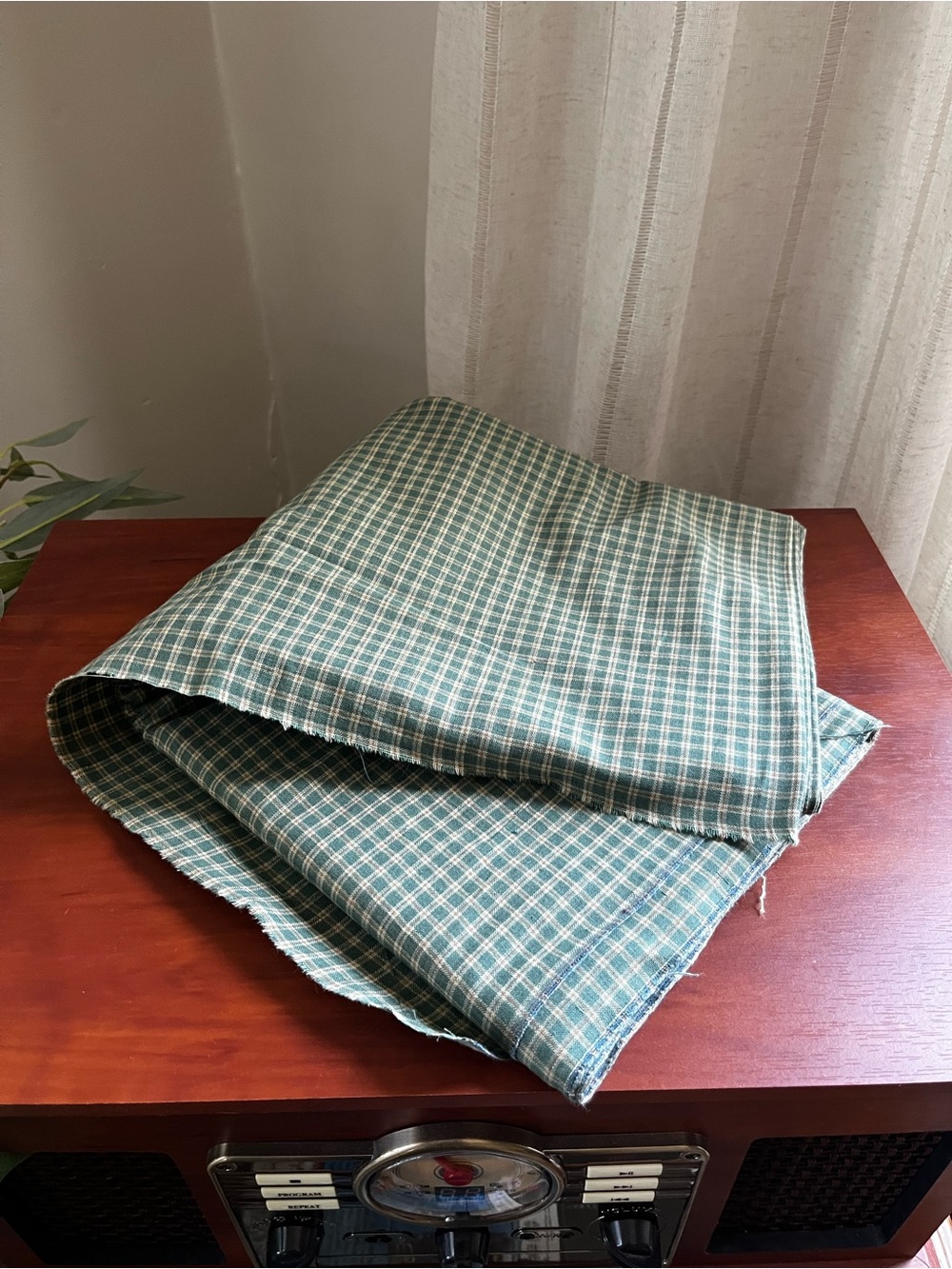 Soft green and cream cotton plaid fabric 3.5 yards